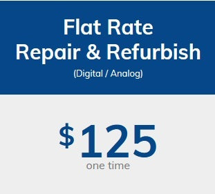 Advertisement for flat rate repair and refurbish service with a price of $125 on a blue and white background.