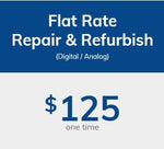 Advertisement for flat rate repair and refurbish service with a price of $125 on a blue and white background.