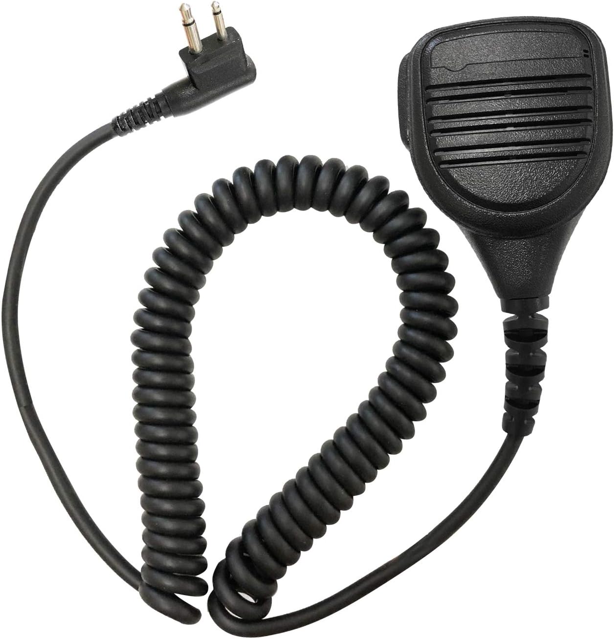 Black coiled microphone cable with a speaker grill on a white background