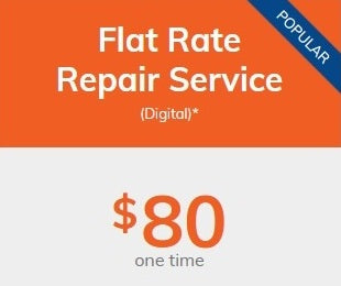 Advertisement for a flat rate repair service with a price of $80 on an orange and white background.