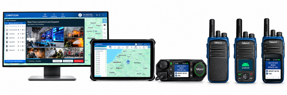 A row of Ubiquiti wireless communication devices on a white background, including a desktop monitor showing a control interface, a ruggedized tablet with a map, a small handheld receiver, and four blue-and-black walkie-talkies.