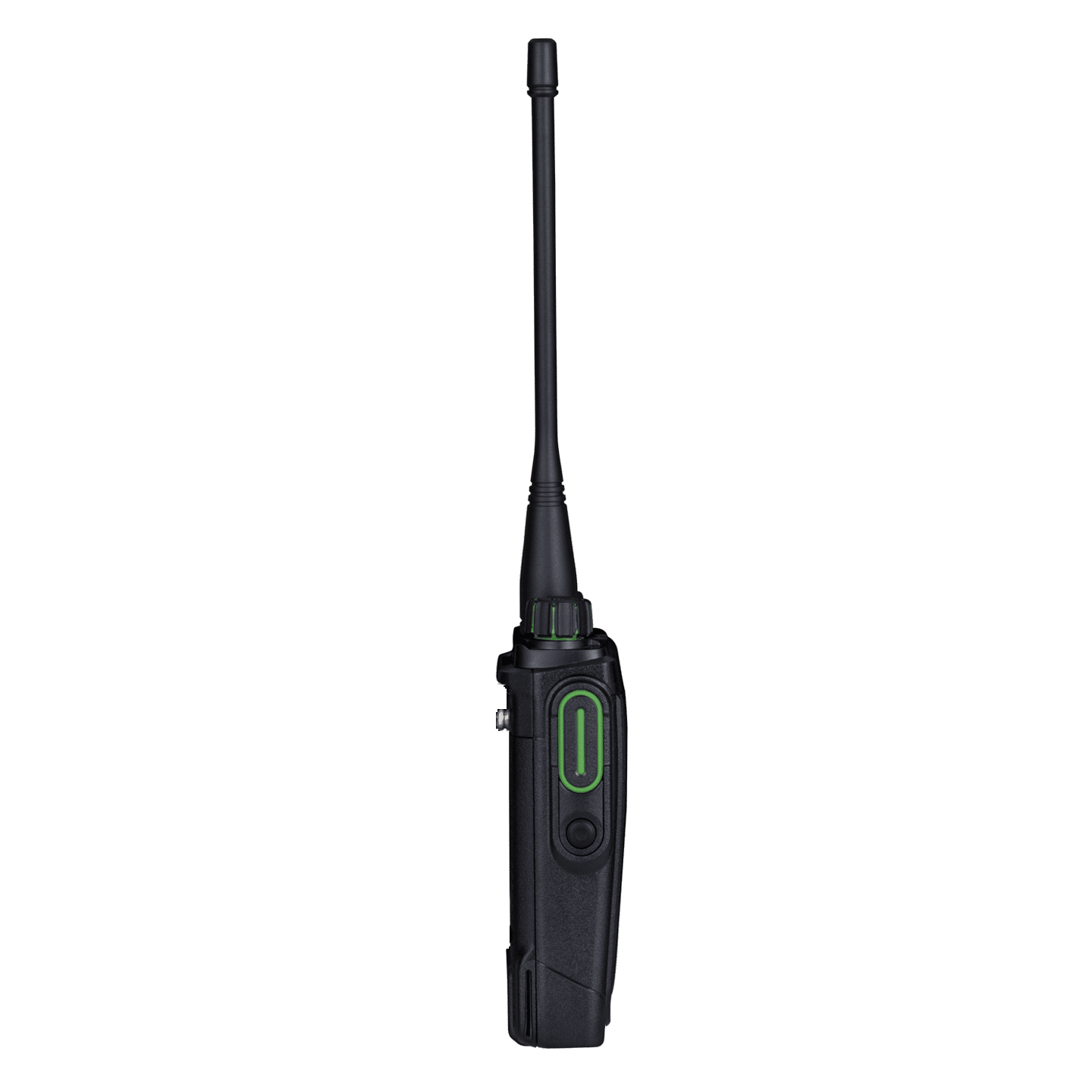 Black walkie-talkie with green accent on a transparent background