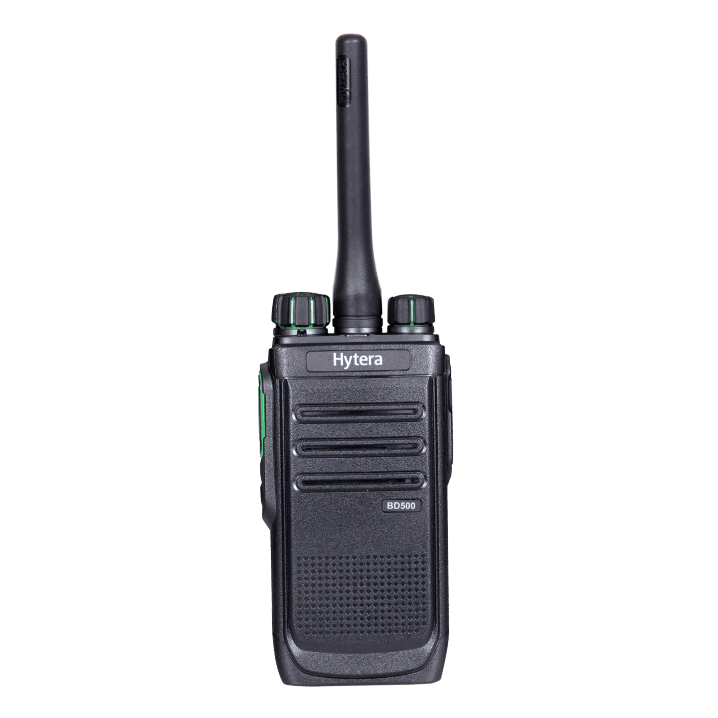 Black walkie-talkie with Hytera branding on a transparent background