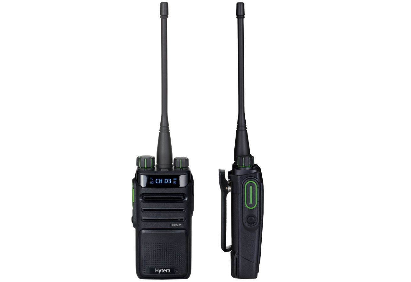 Two black walkie-talkies on a white background