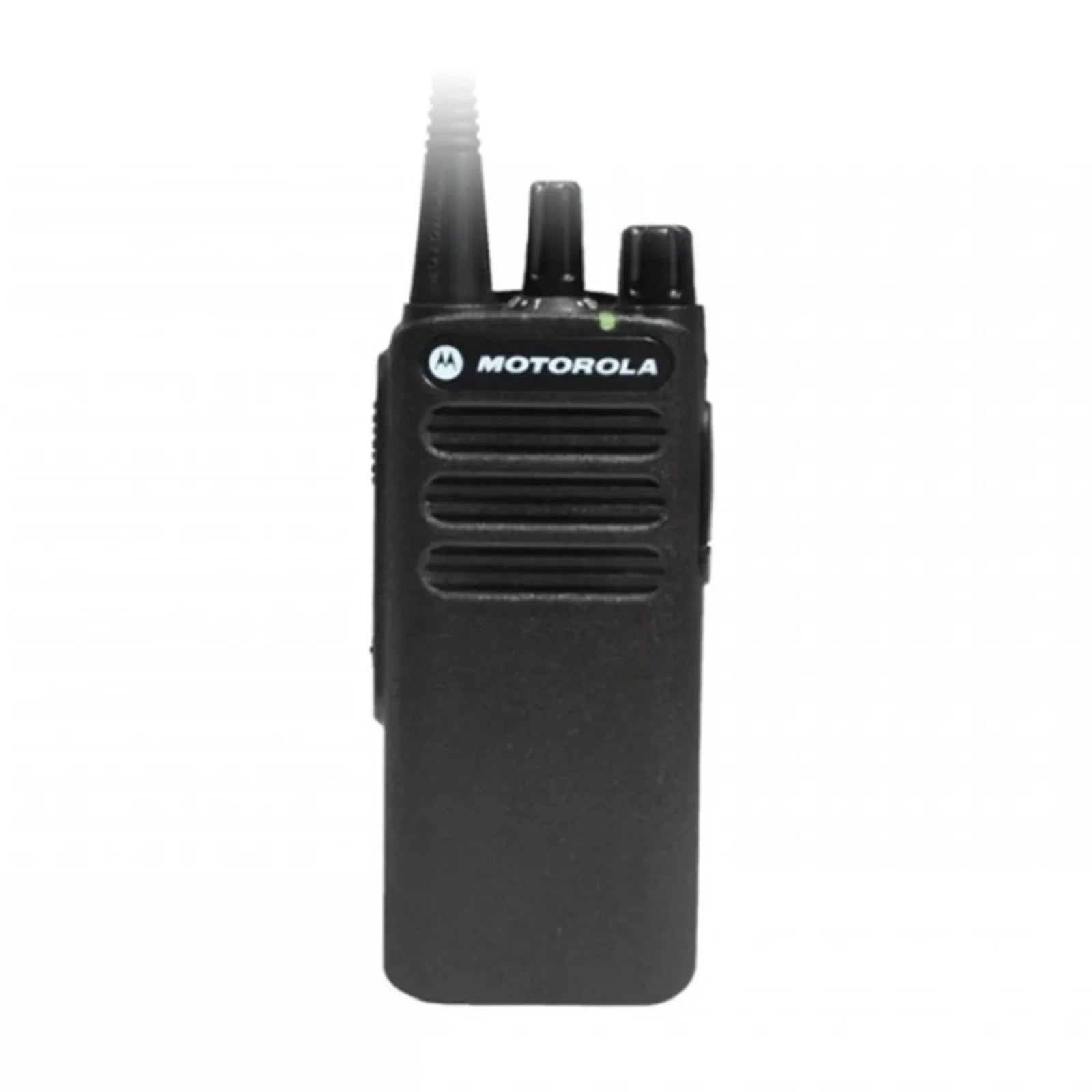 Black Motorola two-way radio on a white background