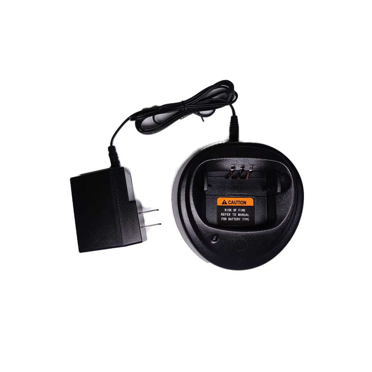 Black battery charger with power adapter on a white background