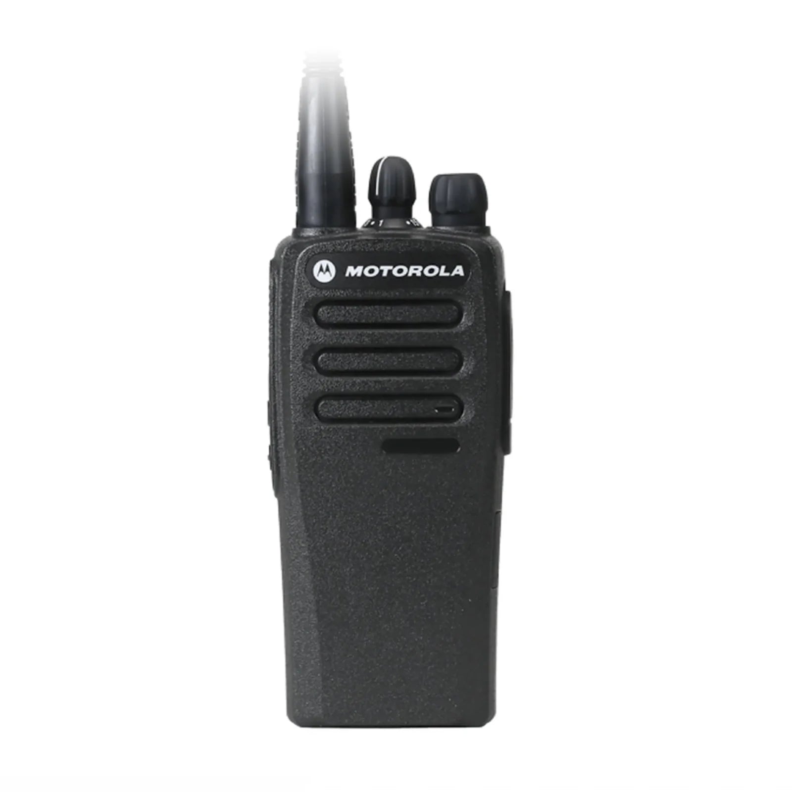Black Motorola walkie-talkie on a white background
