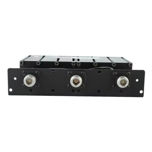 Black metal panel with three circular connectors on a white background