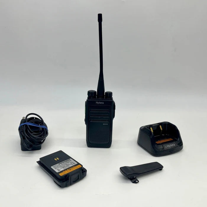 Black walkie-talkie with accessories on a white background
