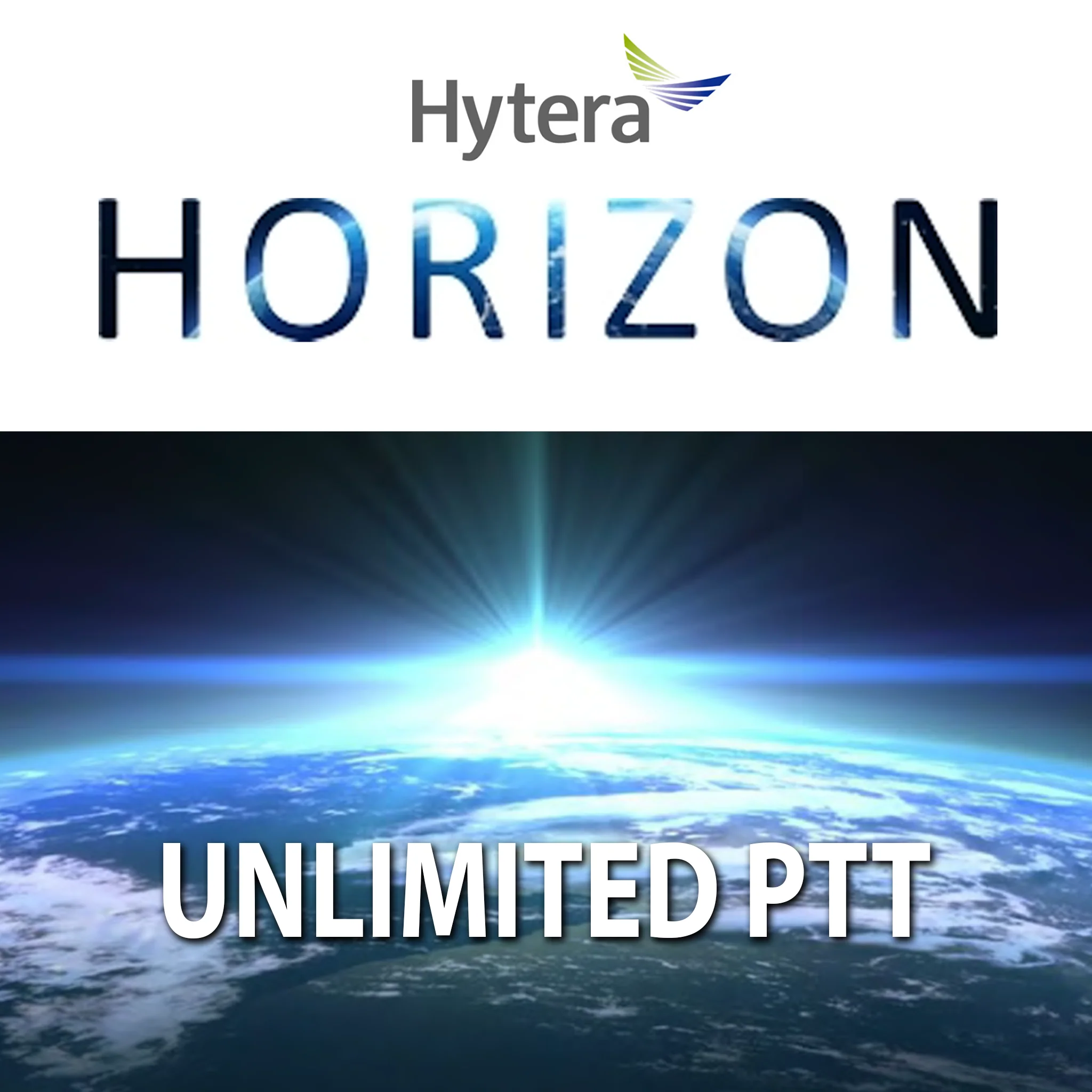 Hytera Horizon advertisement with Earth view and 'Unlimited PTT' text