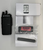 Motorola walkie-talkie with accessories on a white background
