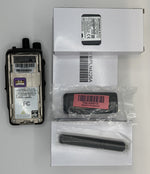 Electronic device with labels and packaging on a white background