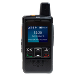 Black walkie-talkie with digital display on a white background