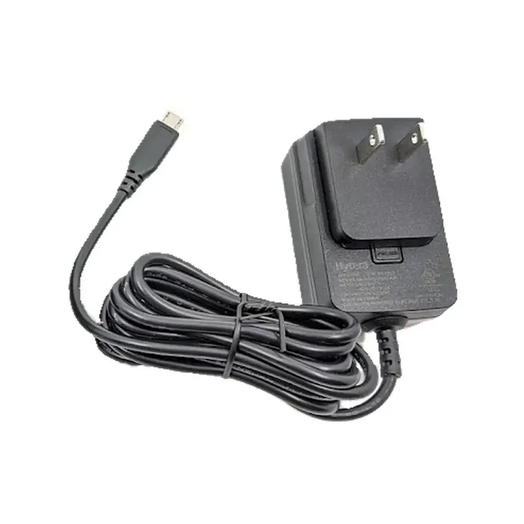 Black power adapter with USB cable on a white background
