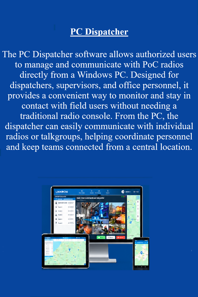 Blue promotional graphic for PC Dispatcher software, with white text describing a Windows-based radio management and communication tool, plus device mockups showing a desktop monitor, laptop, tablet, and smartphone displaying the interface.