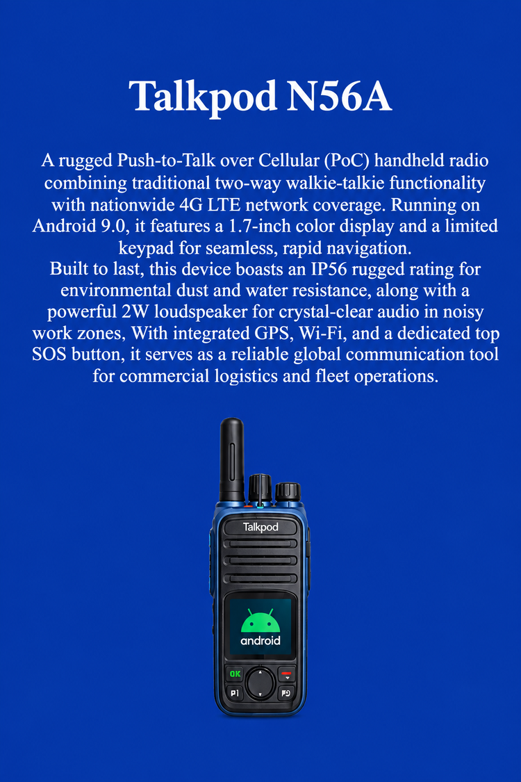 A blue informational product card for the Talkpod N56A handheld radio, featuring a small product photo near the bottom and several paragraphs of white text above describing its features.