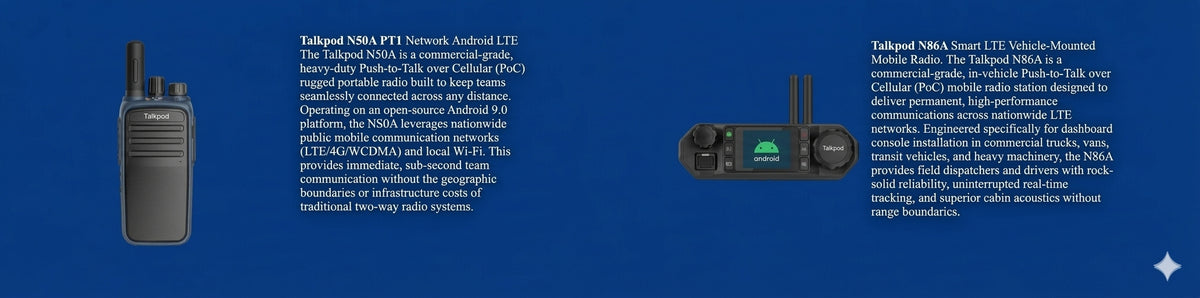 A promotional graphic for a rugged walkie-talkie dispatcher radio, showing the handheld unit with antennas on the right mobile radio on the right. The left side includes descriptive text about the N50A Radio and the right side shows text about N86A