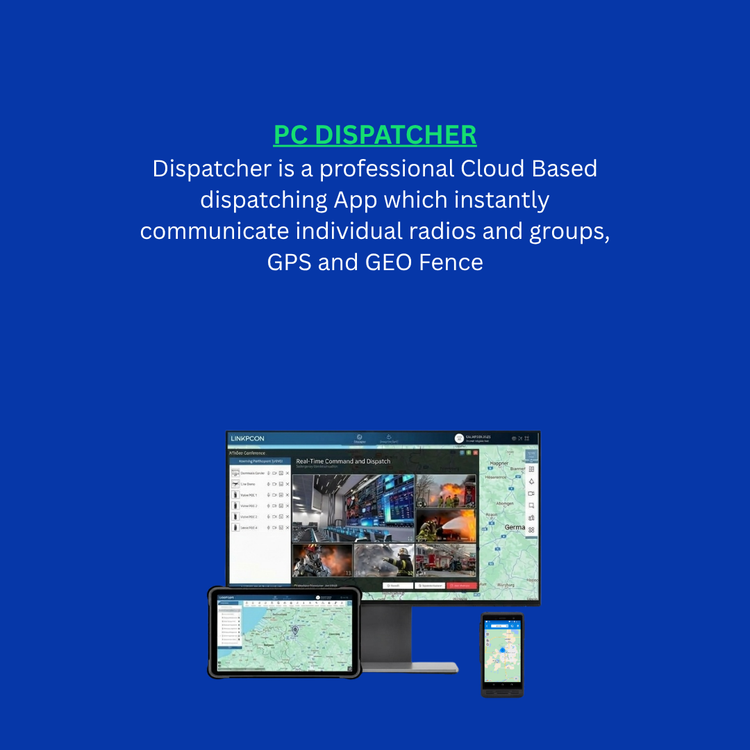 A promotional graphic for the Dispatcher cloud-based app, showing white text on a solid blue background above four device mockups: a desktop monitor, tablet, laptop, and smartphone. The monitor screen displays a map and multiple video feeds.