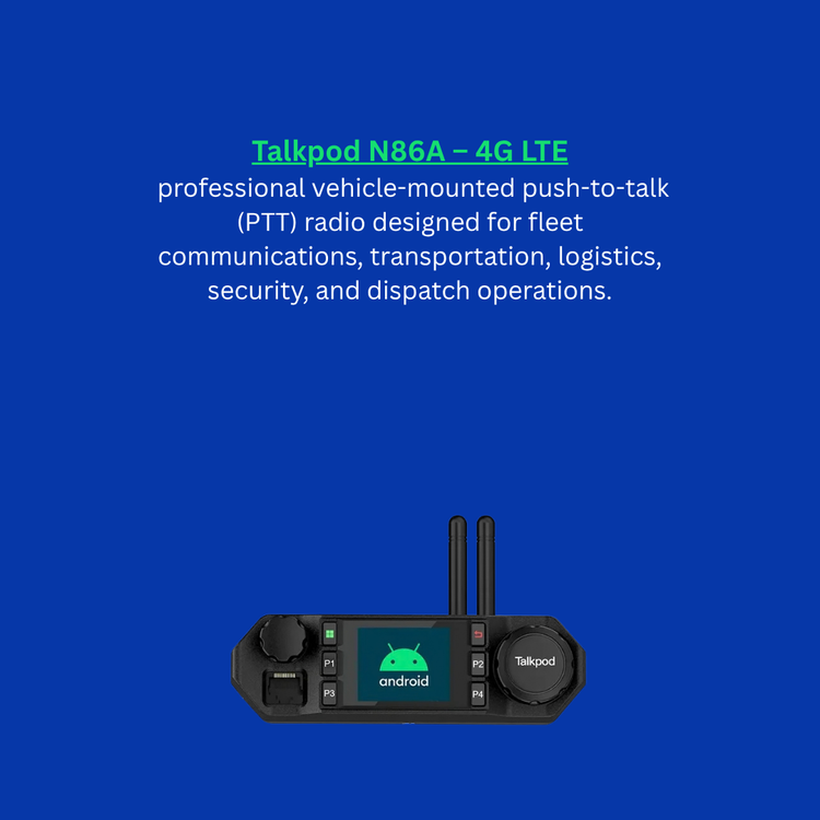 A black Talkpod N86A 4G LTE vehicle-mounted push-to-talk radio with two antennas and a small screen showing the Android logo, centered on a solid blue background with white descriptive text above it.