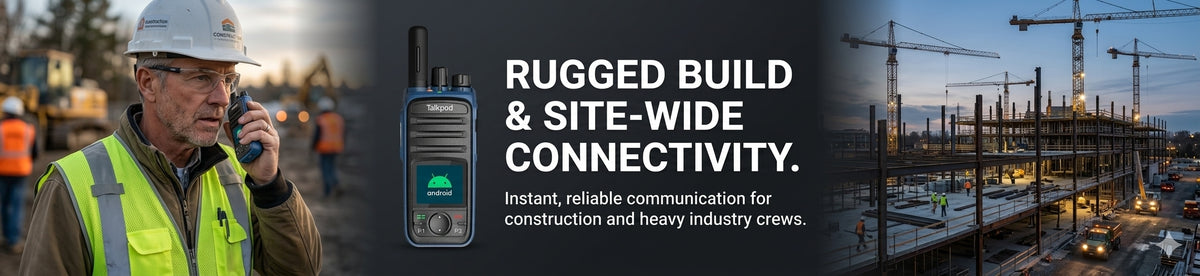Promotional banner for rugged wireless communication equipment, featuring a construction worker in a hard hat and high-visibility vest on the left, a handheld communication device in the center, and a construction site at dusk on the right with the text 'RUGGED BUILD & SITE-WIDE CONNECTIVITY.'.
