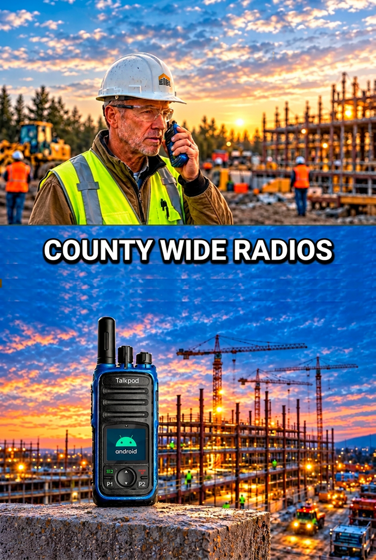 A blue and black Talkfield Android walkie-talkie radio is shown in a split composition: the top half features a construction worker on a site talking on a similar radio, and the bottom half shows the radio standing on a concrete structure with a construction site at sunset behind it. Large text across the center reads 'COUNTY WIDE RADIOS'.