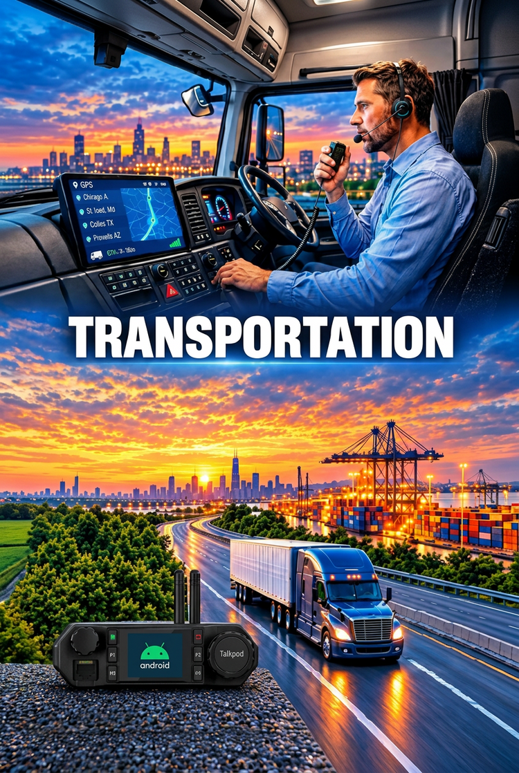 A promotional graphic for a transportation communication device. The top half shows a truck driver in a cab with a large touchscreen and headset, with the word 'TRANSPORTATION' in large white letters across the center.
