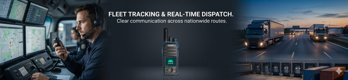 A fleet tracking and real-time dispatch device shown in a dark control room with a driver at the wheel, alongside trucks on a highway at dusk and a row of small tracking screens. The product itself is a handheld GPS tracker with a green screen display in the center.