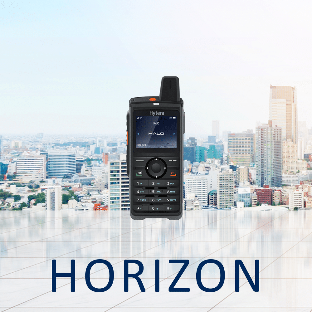 Hytera radio communication device with 'Horizon' branding against a cityscape background