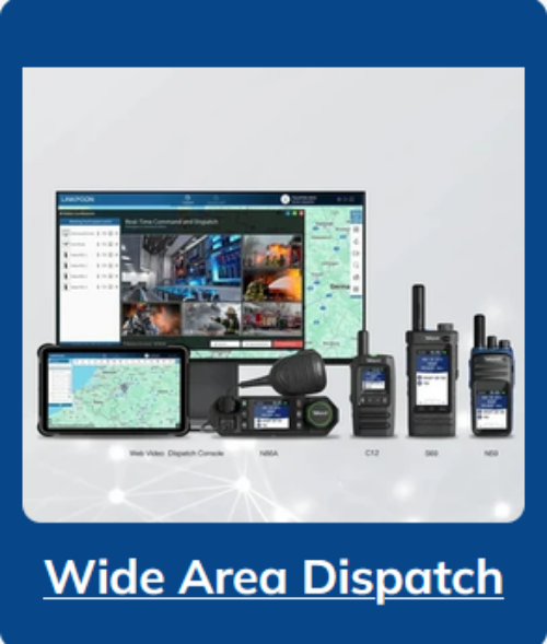 A promotional graphic for a wide area dispatch communication system, showing a desktop monitor with multiple video feeds and maps, a handheld tablet with a map screen, and several walkie-talkie radios on a light gray background with a blue border and the text 'Wide Area Dispatch' at the bottom.