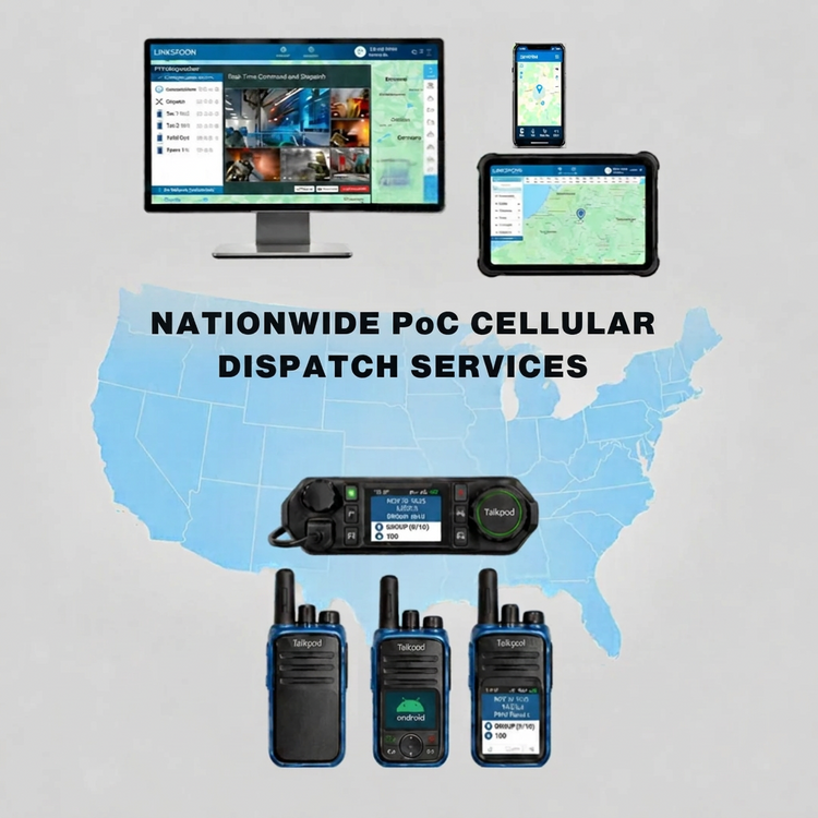 A promotional graphic for Nationwide P&C Cellular Dispatch Services showing a desktop monitor, smartphone, tablet, handheld dispatch console, and three walkie-talkies arranged over a light blue map of the United States on a gray background.