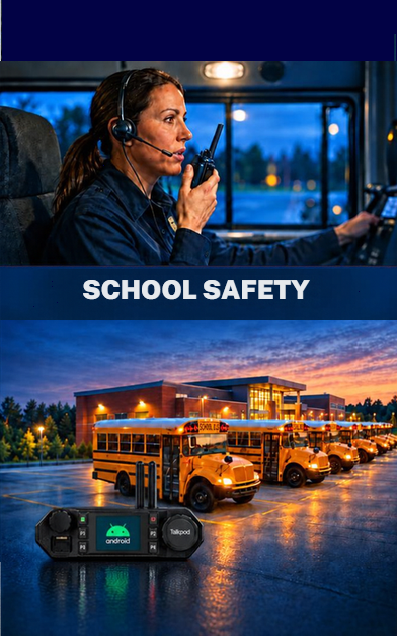 A promotional composite for a school safety communication device. The top half shows a woman in a school bus cockpit wearing a headset and speaking into a walkie-talkie, with the text 'SCHOOL SAFETY' across the center.