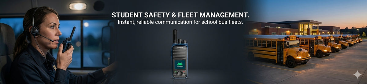 A dark promotional banner for a handheld communication device. On the left, a woman in a school bus wears a headset and speaks into a walkie-talkie.