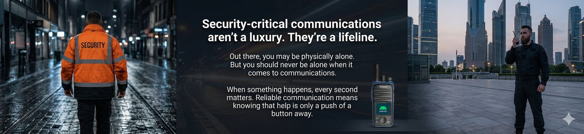 Promotional banner for a security communication device. The left side shows a man in an orange high-visibility security worker jacket walking on a wet city street at dusk.
