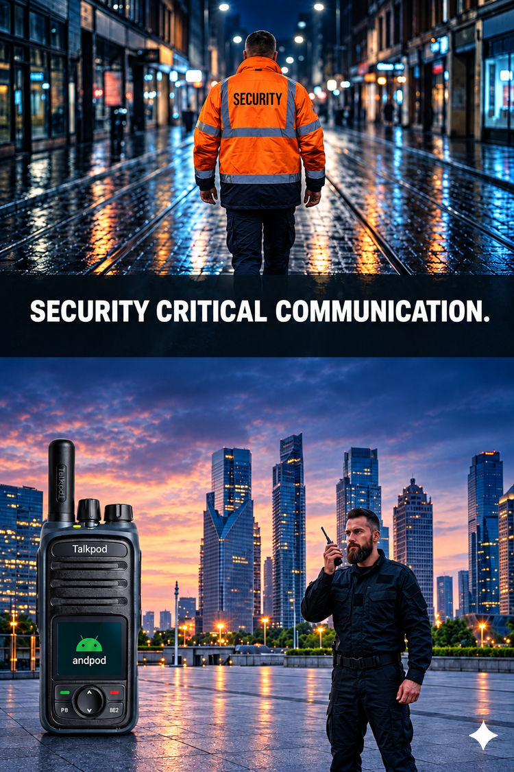 Promotional graphic for a security communication device. The top half shows a security worker in an orange high-visibility jacket walking down a wet city street at night, with the text 'SECURITY-CRITICAL COMMUNICATIONS.