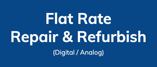 Text 'Flat Rate Repair & Refurbish (Digital / Analog)' on a blue background