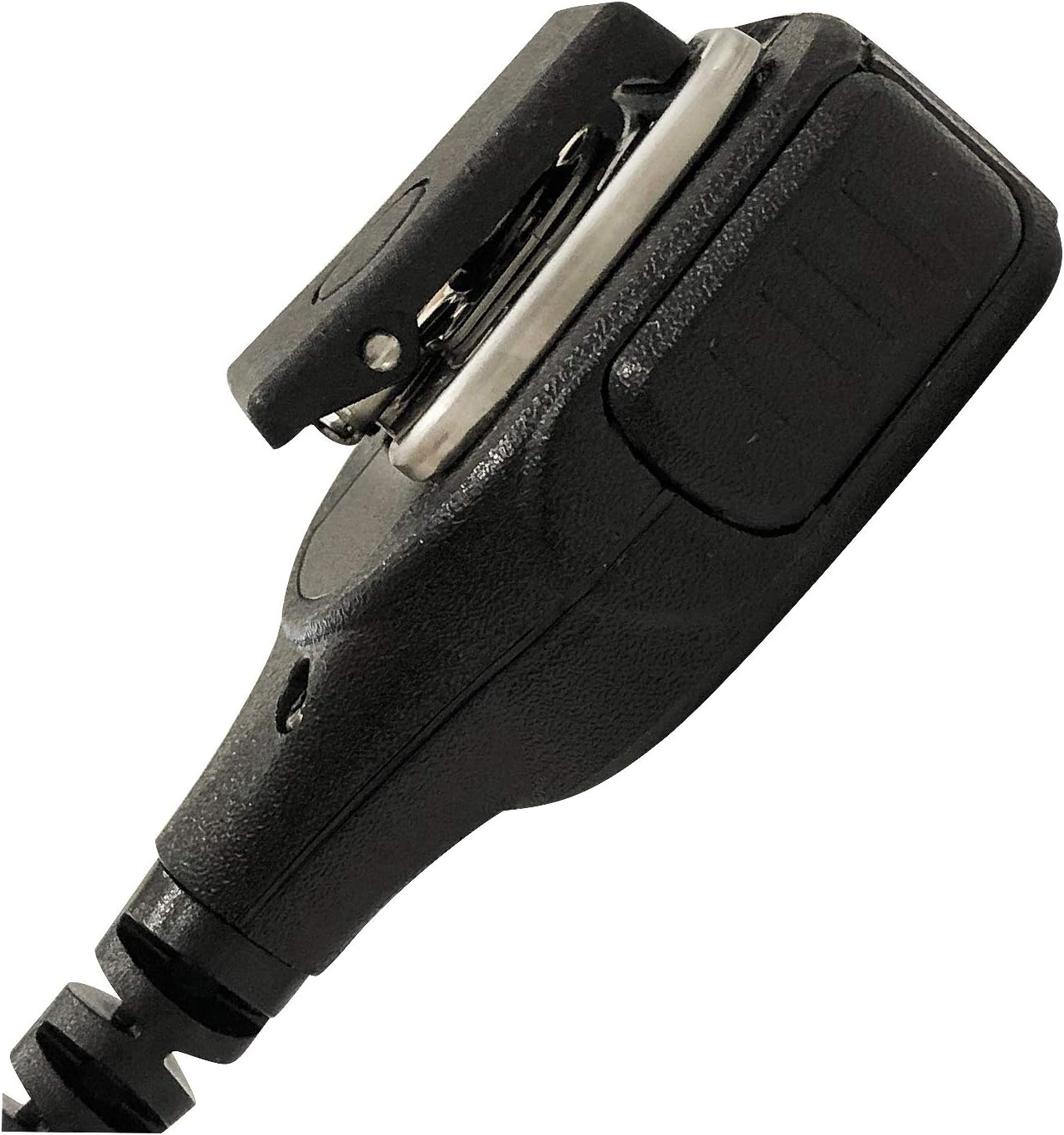 Black camera strap with quick release clasp on a white background