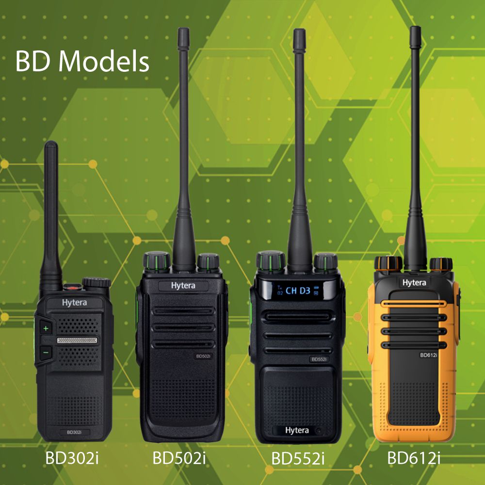 Four Hytera walkie-talkies with different models on a green background