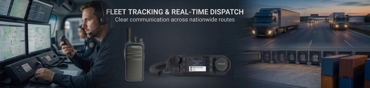 A promotional banner for a Trucks, Transportation,  and fleet management communication system. The left side shows a man wearing a headset and speaking into a handheld radio.