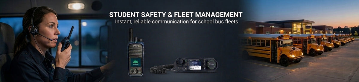 A promotional banner for a student safety and fleet management communication system. The left side shows a woman in a school bus wearing a headset and speaking into a handheld radio.