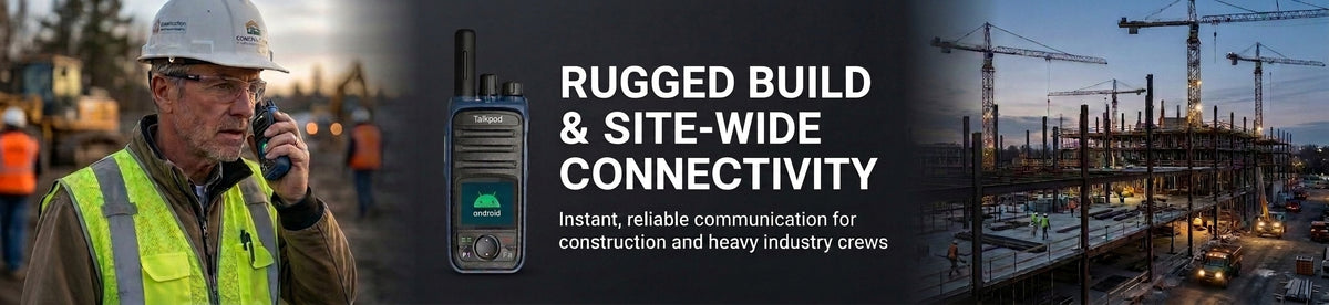 Promotional banner for rugged wireless communication equipment, featuring a construction worker in a hard hat and high-visibility vest on the left, a handheld communication device in the center, and a construction site at dusk on the right with the text 'RUGGED BUILD & SITE-WIDE CONNECTIVITY'.