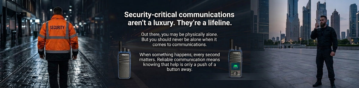 Promotional banner for a security communication device, featuring a man in an orange security uniform on the left and another man standing on a city street at dusk on the right, with text in the center about security-critical communications and two handheld devices shown in the middle.