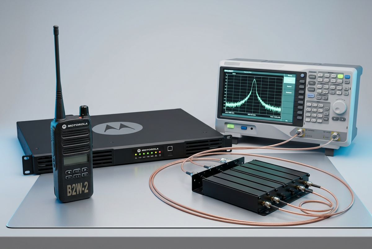 Radio Services image combining the handheld radio, repeater, and duplexer testing equipment