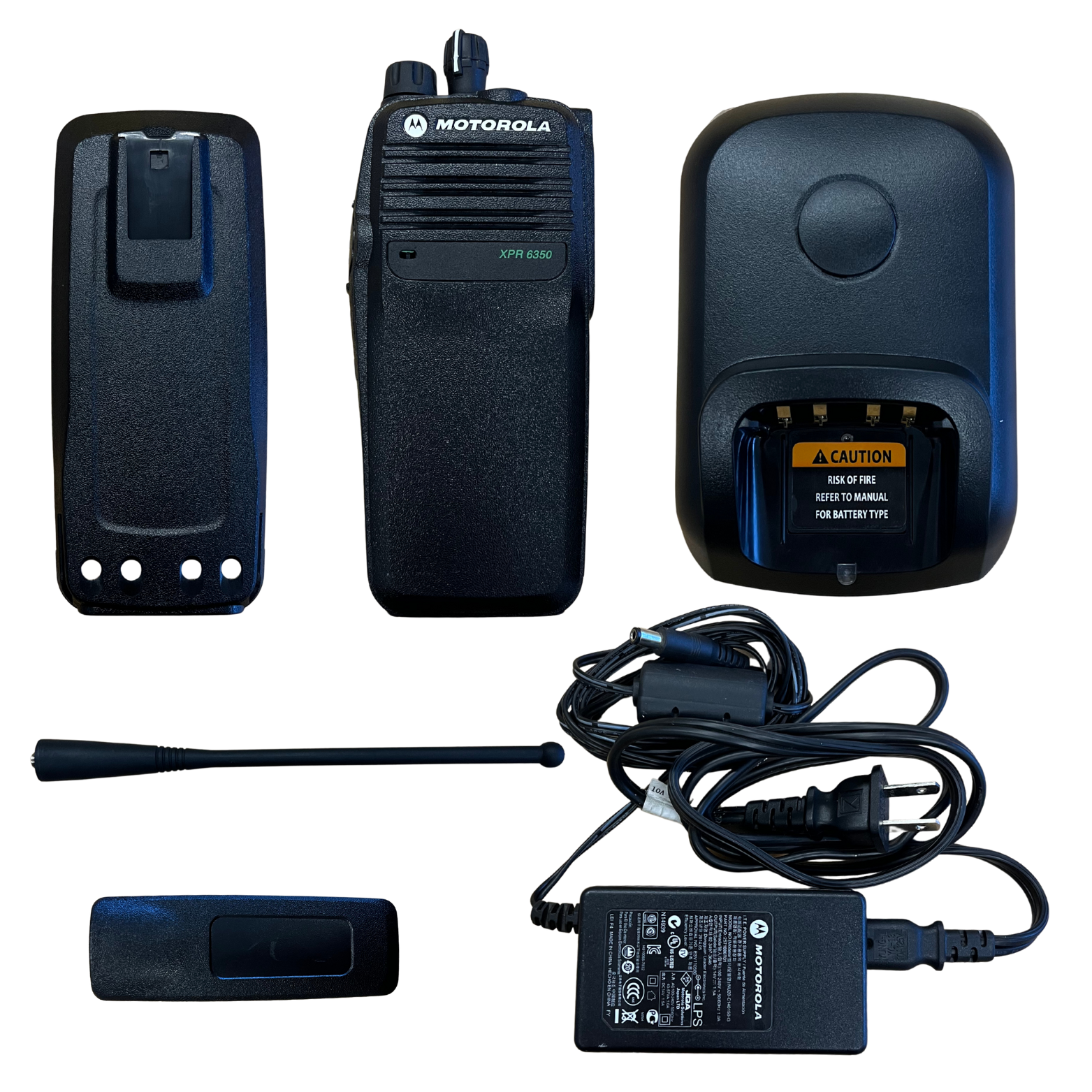 Motorola two-way radio set with charger, battery, and accessories on a white background